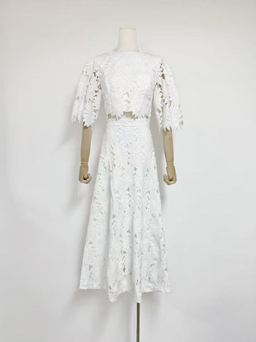 Spring And Summer Embroidery Hollow Round Horn Short Top + Holiday Water-Soluble Lace Skirt Dress Suit